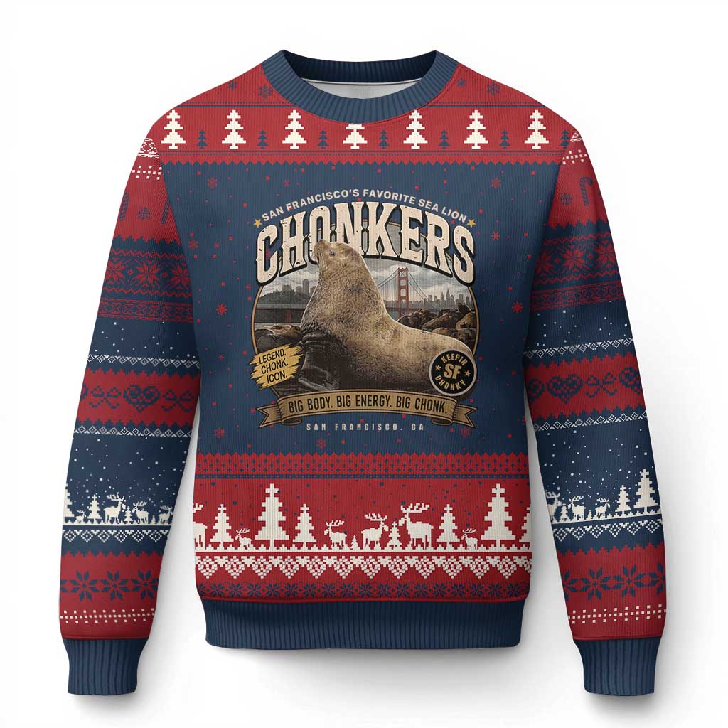 Viral Chonkers San Francisco Sea Lion Ugly Christmas Sweater Retro Pier 39 Fisherman's Wharf Souvenir