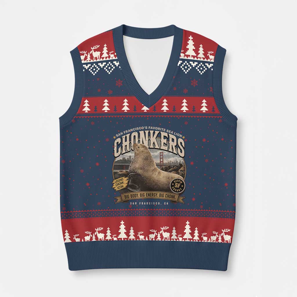 Viral Chonkers San Francisco Sea Lion V-Neck Knit Sweater Vest Retro Pier 39 Fisherman's Wharf Souvenir