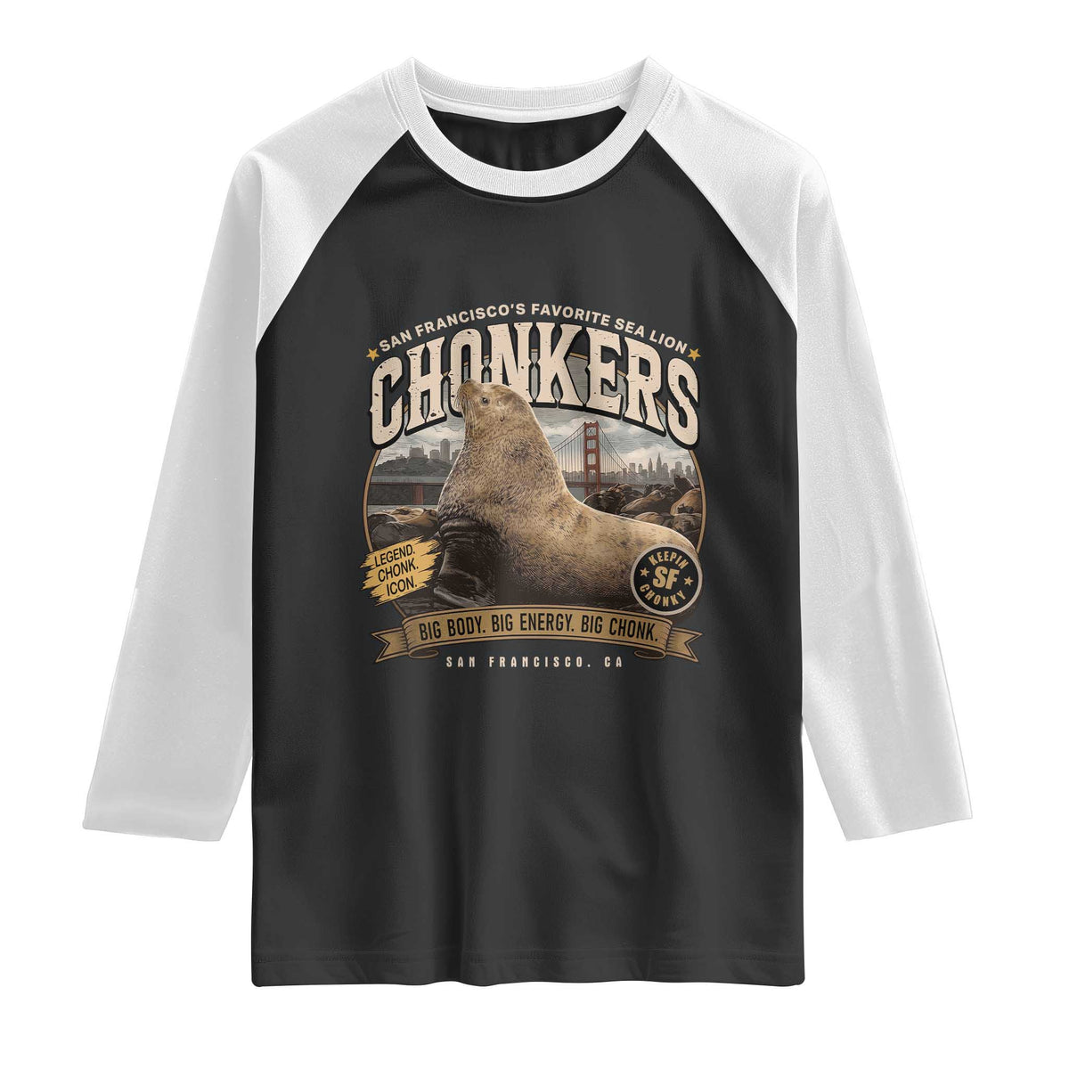 Viral Chonkers San Francisco Sea Lion Raglan Shirt Retro Pier 39 Fisherman's Wharf Souvenir