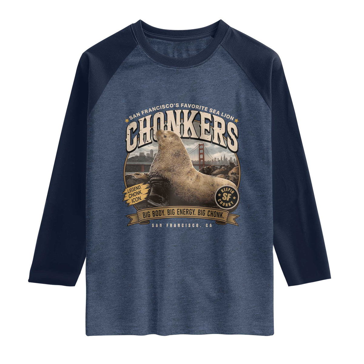 Viral Chonkers San Francisco Sea Lion Raglan Shirt Retro Pier 39 Fisherman's Wharf Souvenir