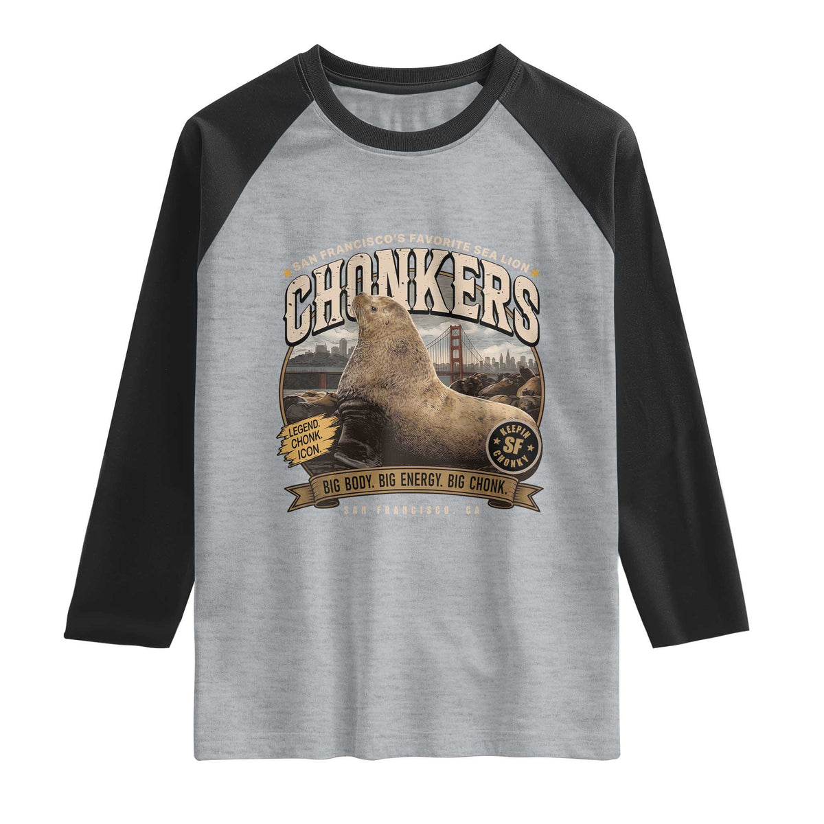 Viral Chonkers San Francisco Sea Lion Raglan Shirt Retro Pier 39 Fisherman's Wharf Souvenir
