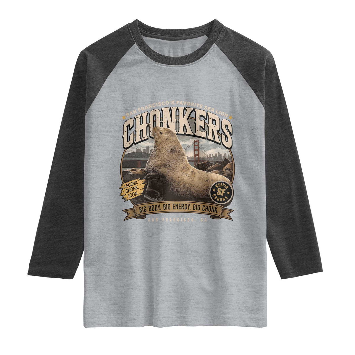Viral Chonkers San Francisco Sea Lion Raglan Shirt Retro Pier 39 Fisherman's Wharf Souvenir