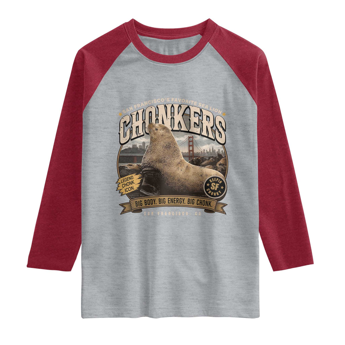 Viral Chonkers San Francisco Sea Lion Raglan Shirt Retro Pier 39 Fisherman's Wharf Souvenir