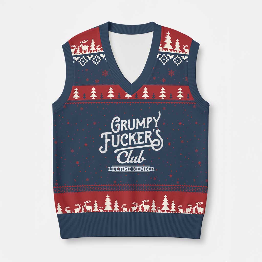 Grumpy Fucker's Club Lifetime Member V-Neck Knit Sweater Vest Funny Distressed Sarcastic Adult Humor Slogan Typography
