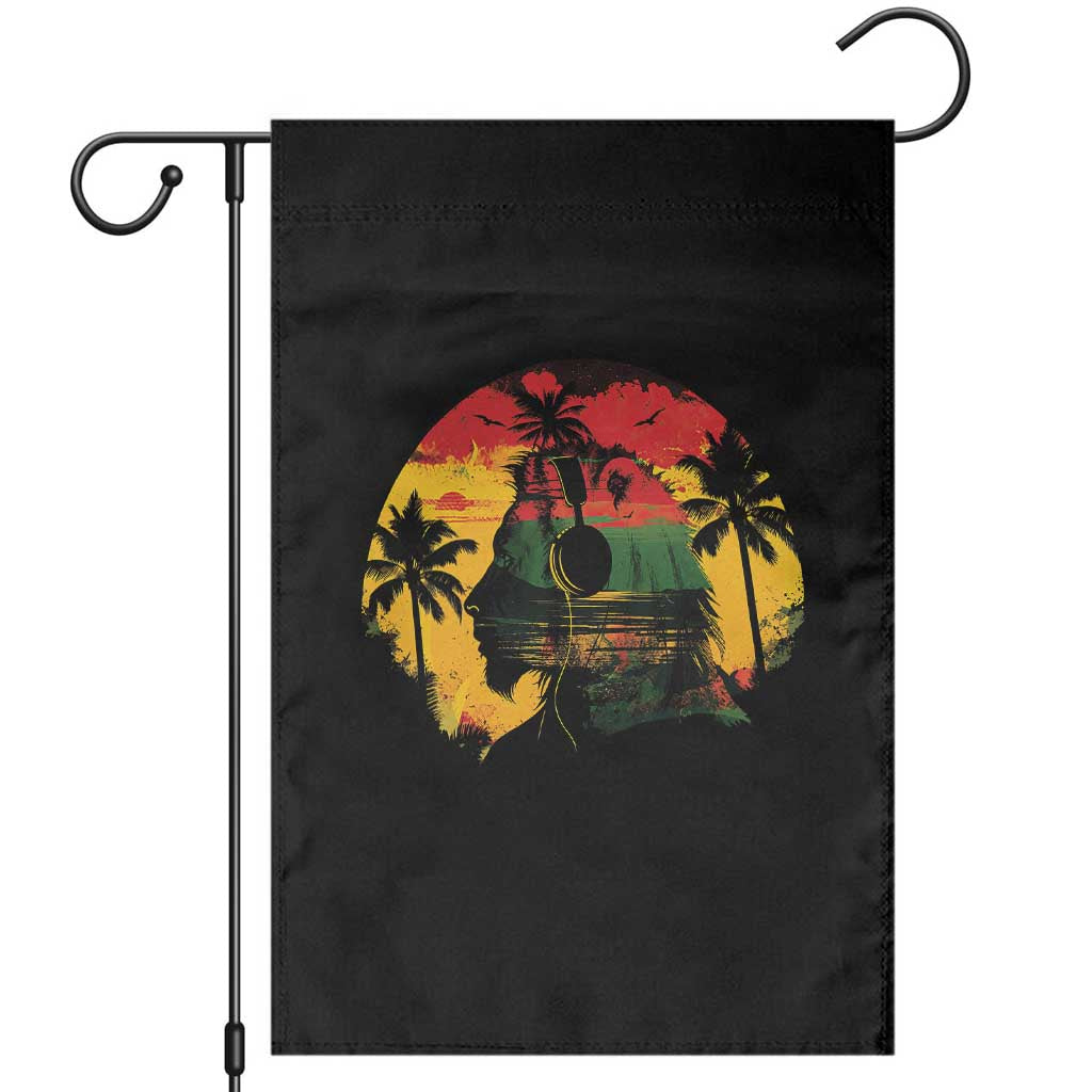 Retro Jamaican Lion Sunset Garden Flag Rasta Colors Music and Island Vibes Graphic