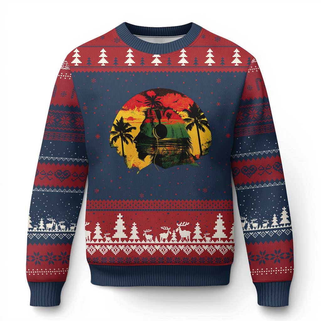 Retro Jamaican Lion Sunset Ugly Christmas Sweater Rasta Colors Music and Island Vibes Graphic