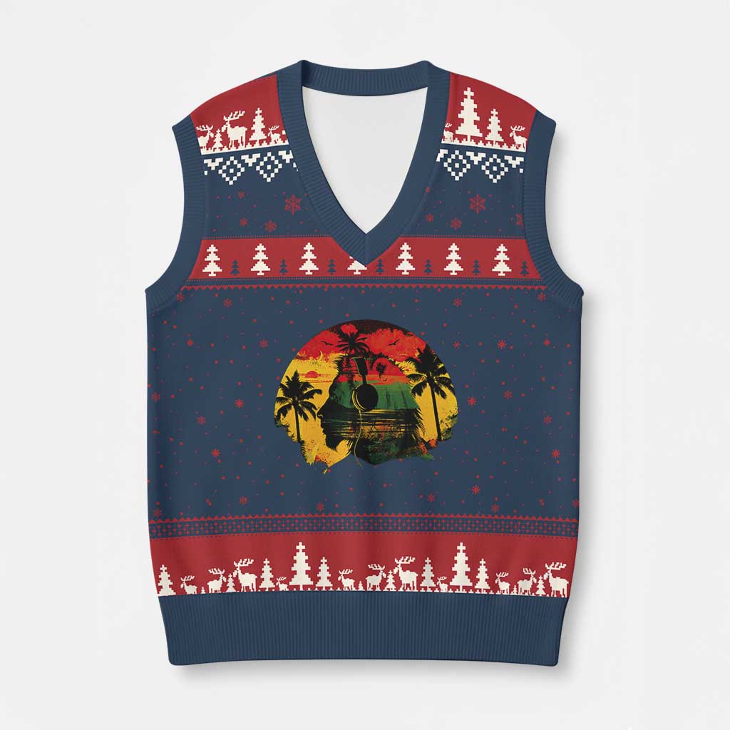 Retro Jamaican Lion Sunset V-Neck Knit Sweater Vest Rasta Colors Music and Island Vibes Graphic