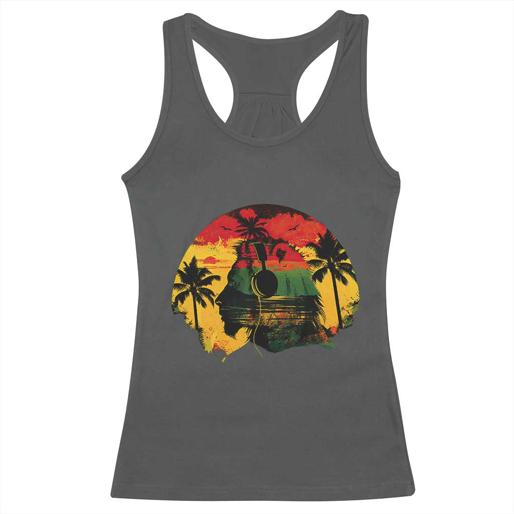 Retro Jamaican Lion Sunset Racerback Tank Top Rasta Colors Music and Island Vibes Graphic