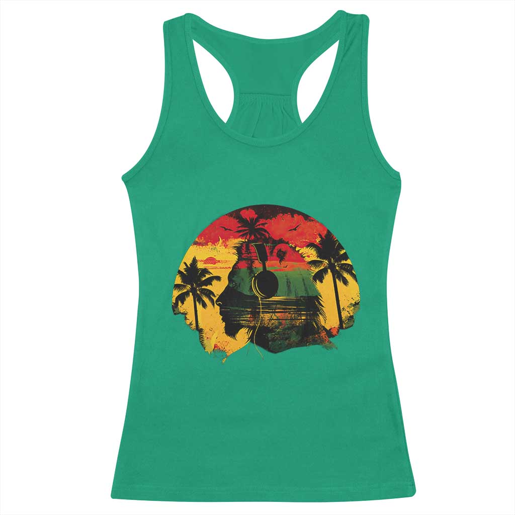 Retro Jamaican Lion Sunset Racerback Tank Top Rasta Colors Music and Island Vibes Graphic