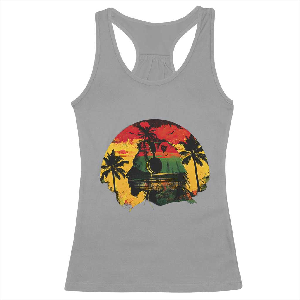 Retro Jamaican Lion Sunset Racerback Tank Top Rasta Colors Music and Island Vibes Graphic