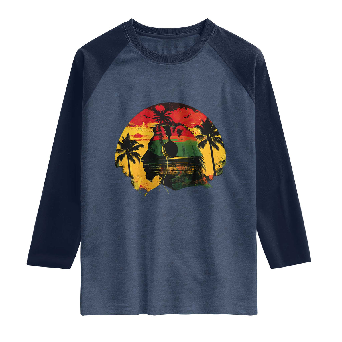 Retro Jamaican Lion Sunset Raglan Shirt Rasta Colors Music and Island Vibes Graphic