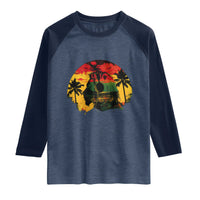 Retro Jamaican Lion Sunset Raglan Shirt Rasta Colors Music and Island Vibes Graphic
