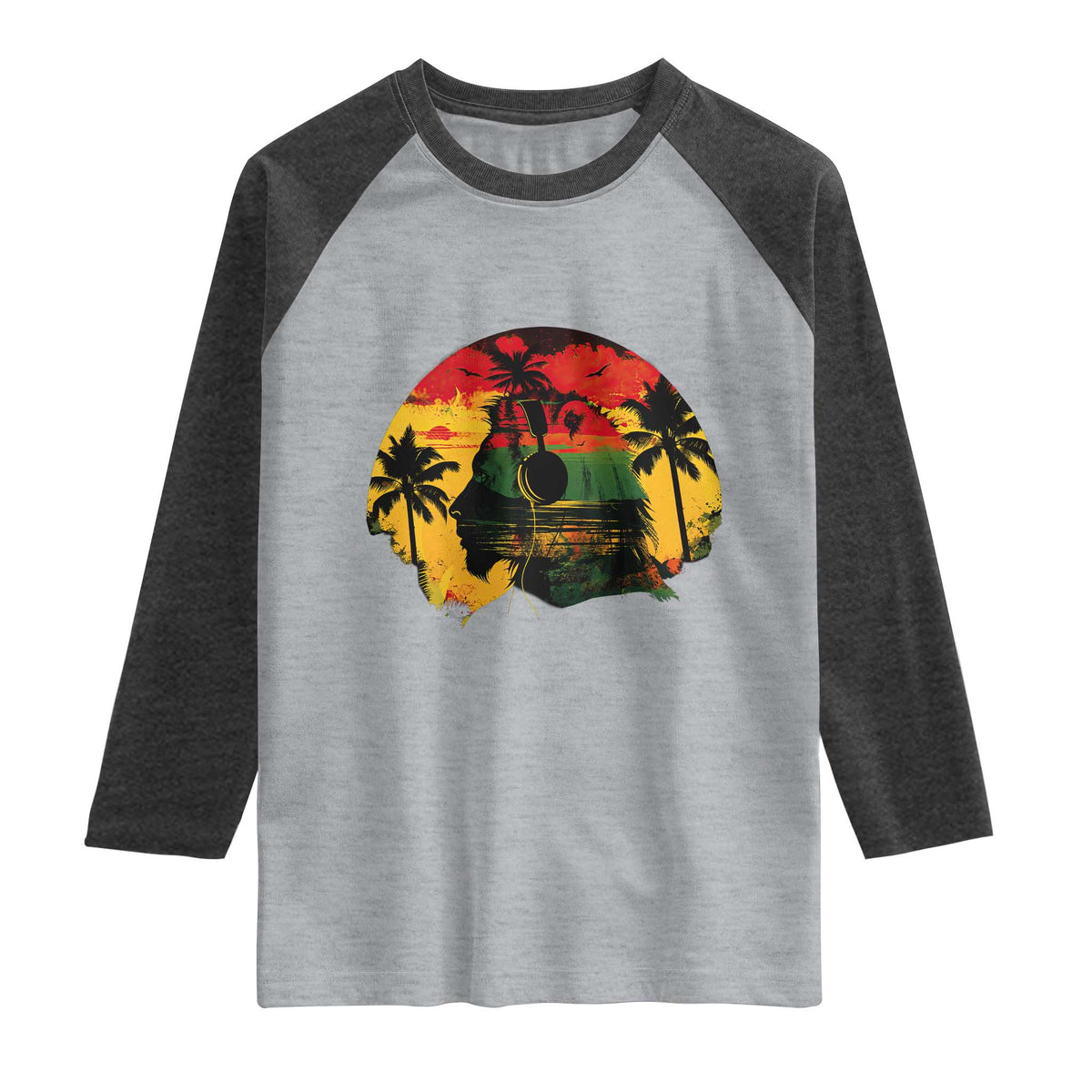 Retro Jamaican Lion Sunset Raglan Shirt Rasta Colors Music and Island Vibes Graphic