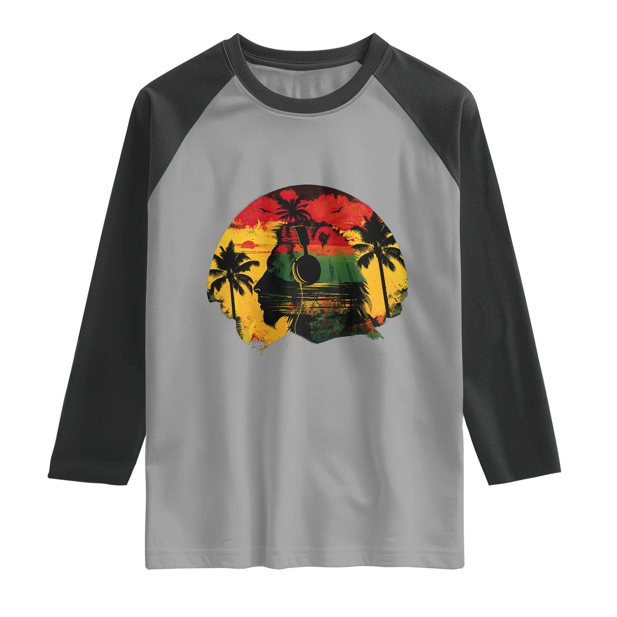 Retro Jamaican Lion Sunset Raglan Shirt Rasta Colors Music and Island Vibes Graphic