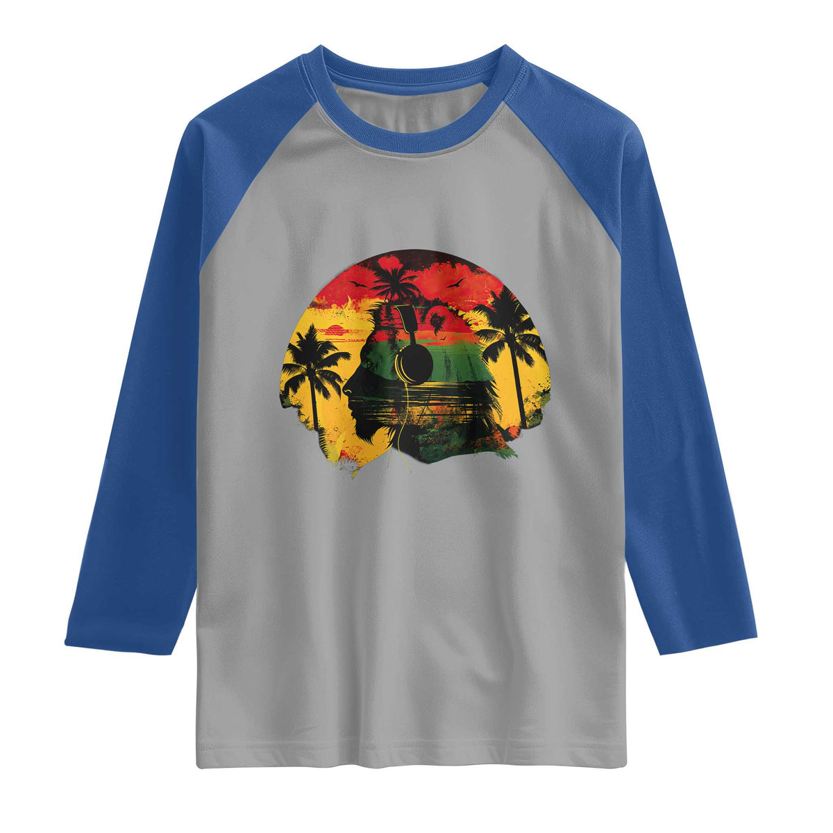 Retro Jamaican Lion Sunset Raglan Shirt Rasta Colors Music and Island Vibes Graphic