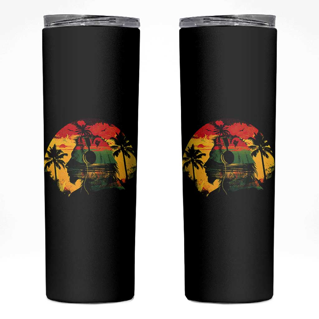 Retro Jamaican Lion Sunset Skinny Tumbler Rasta Colors Music and Island Vibes Graphic