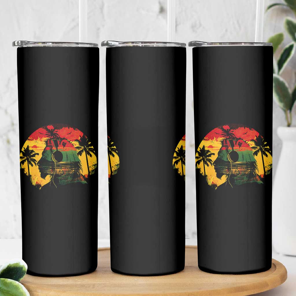 Retro Jamaican Lion Sunset Skinny Tumbler Rasta Colors Music and Island Vibes Graphic