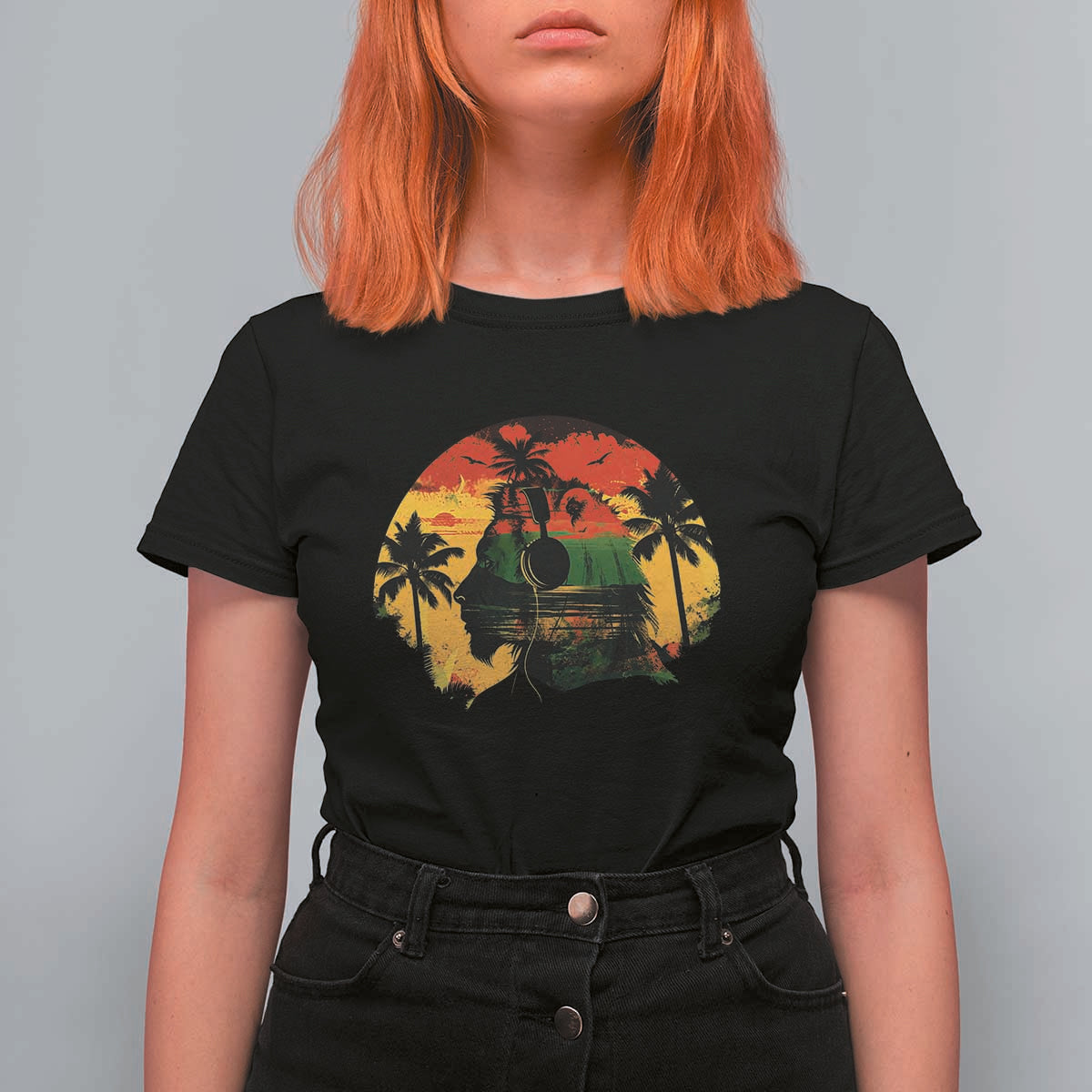 Retro Jamaican Lion Sunset T Shirt For Women Rasta Colors Music and Island Vibes Graphic