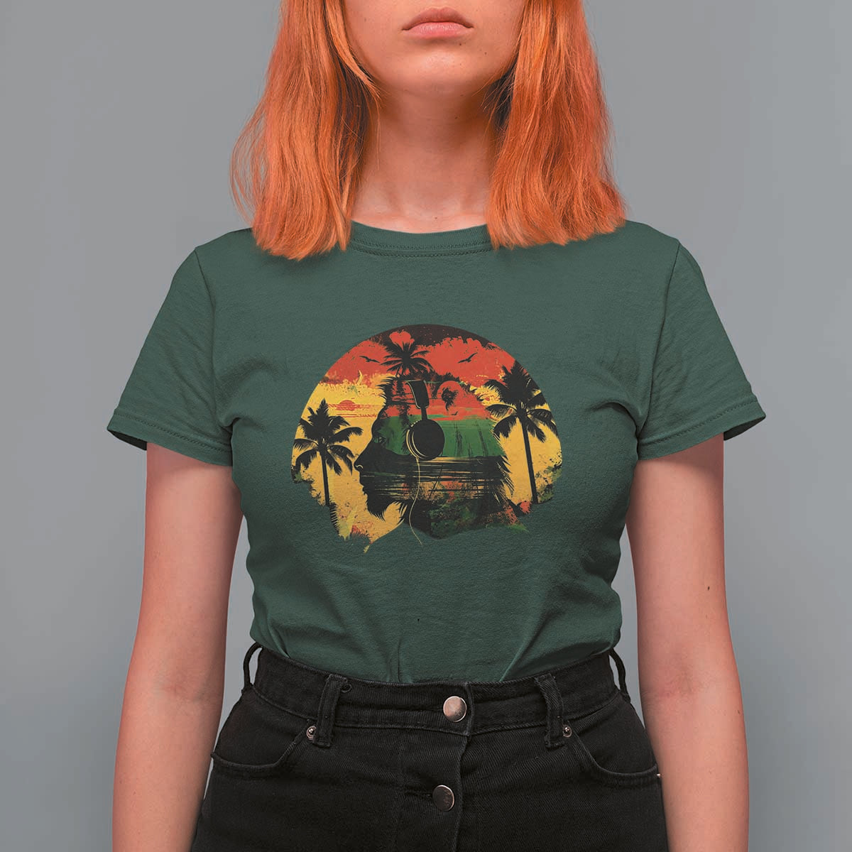 Retro Jamaican Lion Sunset T Shirt For Women Rasta Colors Music and Island Vibes Graphic