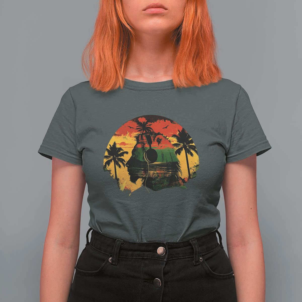 Retro Jamaican Lion Sunset T Shirt For Women Rasta Colors Music and Island Vibes Graphic