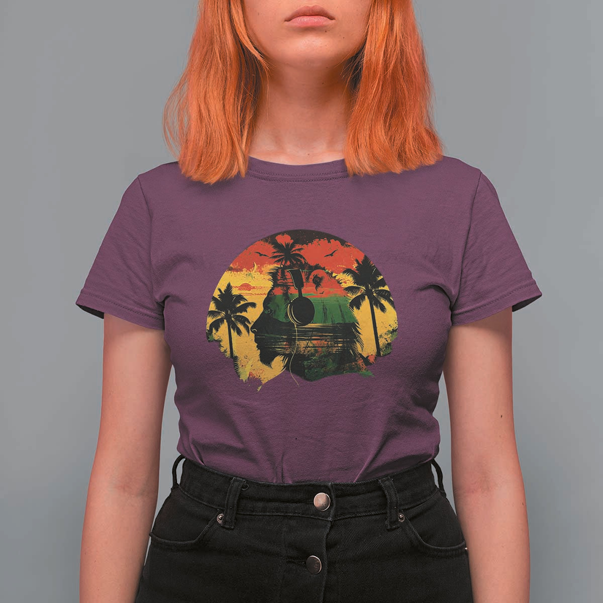 Retro Jamaican Lion Sunset T Shirt For Women Rasta Colors Music and Island Vibes Graphic