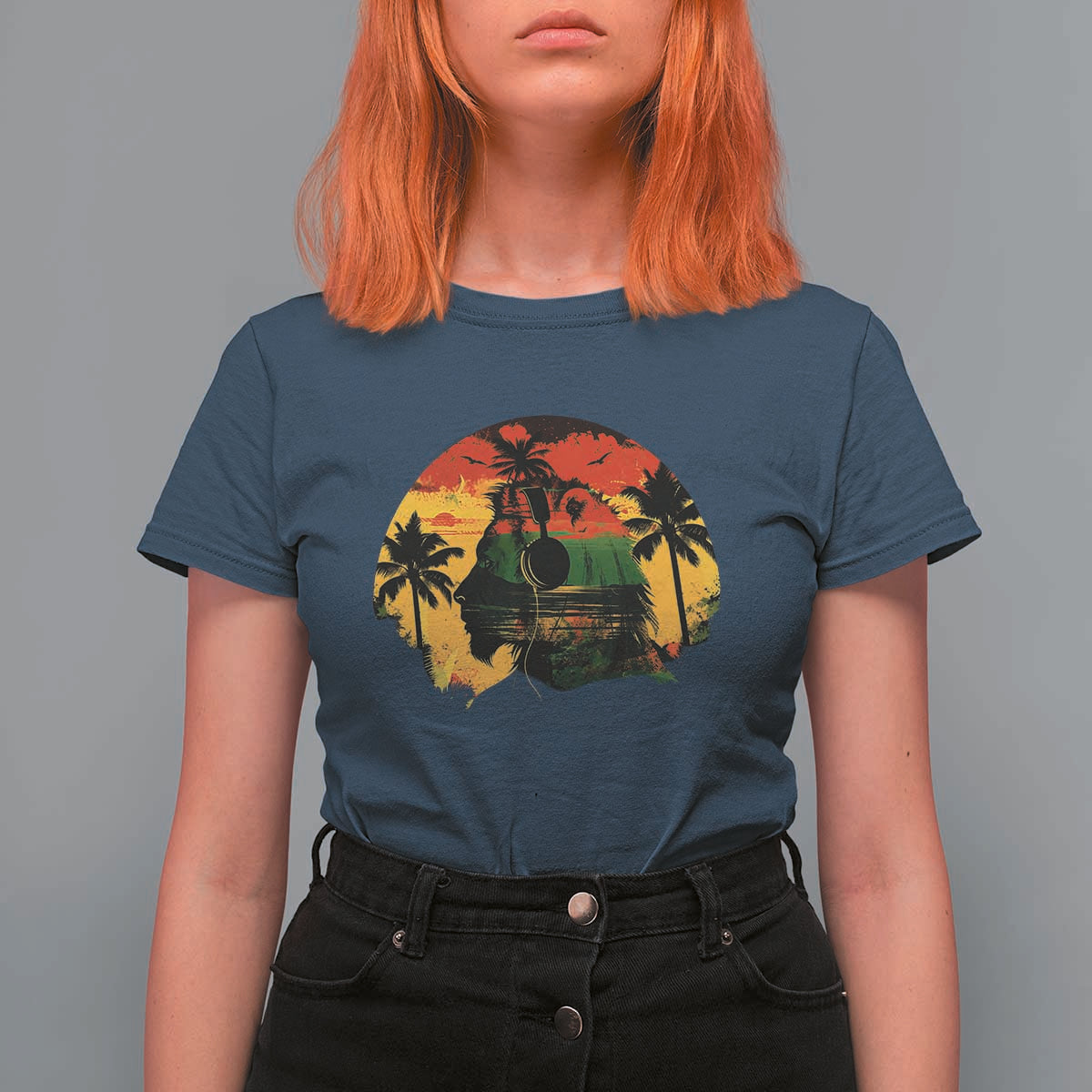Retro Jamaican Lion Sunset T Shirt For Women Rasta Colors Music and Island Vibes Graphic