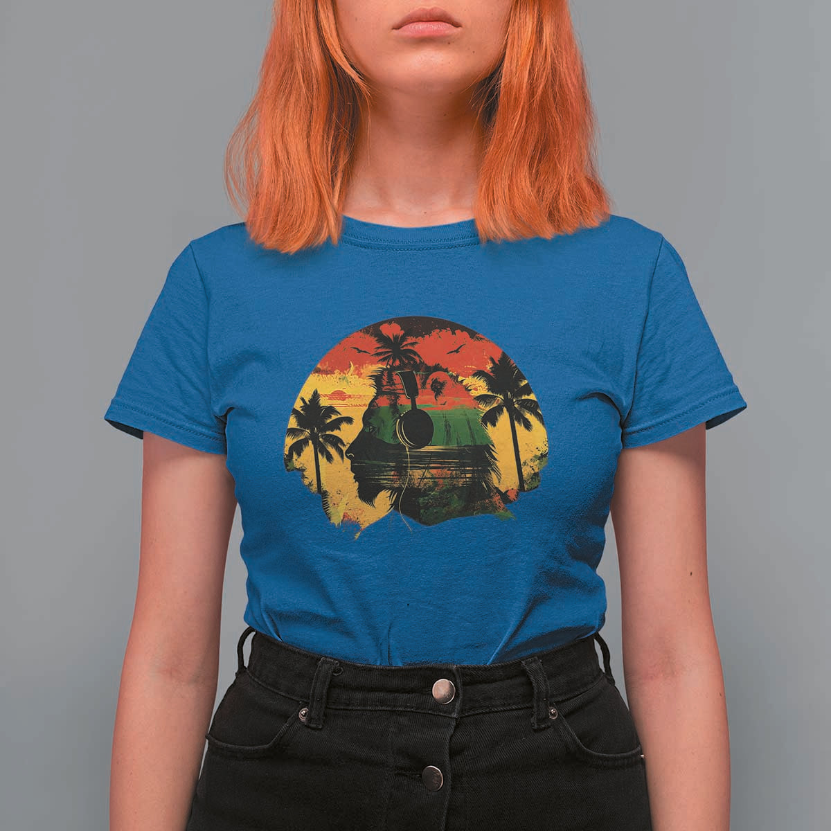 Retro Jamaican Lion Sunset T Shirt For Women Rasta Colors Music and Island Vibes Graphic
