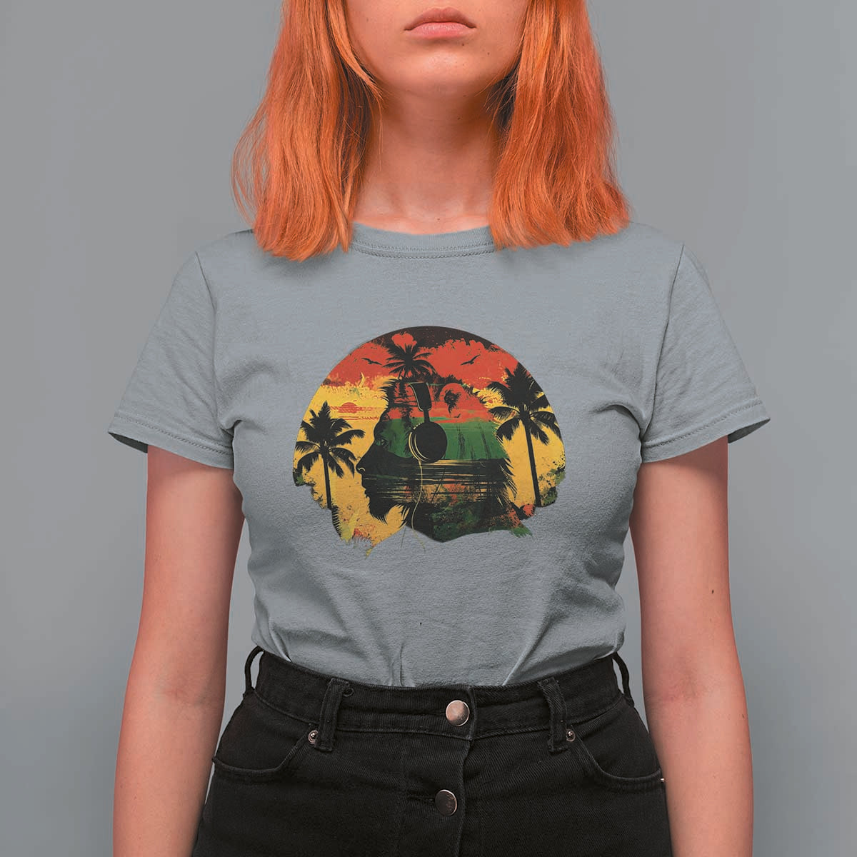 Retro Jamaican Lion Sunset T Shirt For Women Rasta Colors Music and Island Vibes Graphic