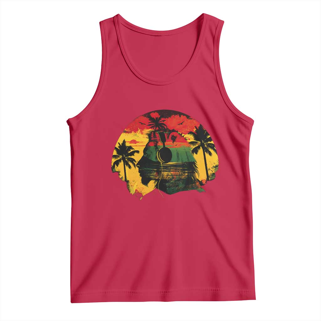 Retro Jamaican Lion Sunset Tank Top Rasta Colors Music and Island Vibes Graphic