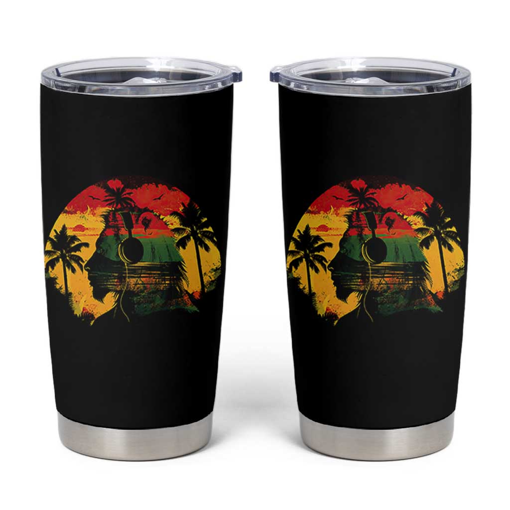 Retro Jamaican Lion Sunset Tumbler Cup Rasta Colors Music and Island Vibes Graphic