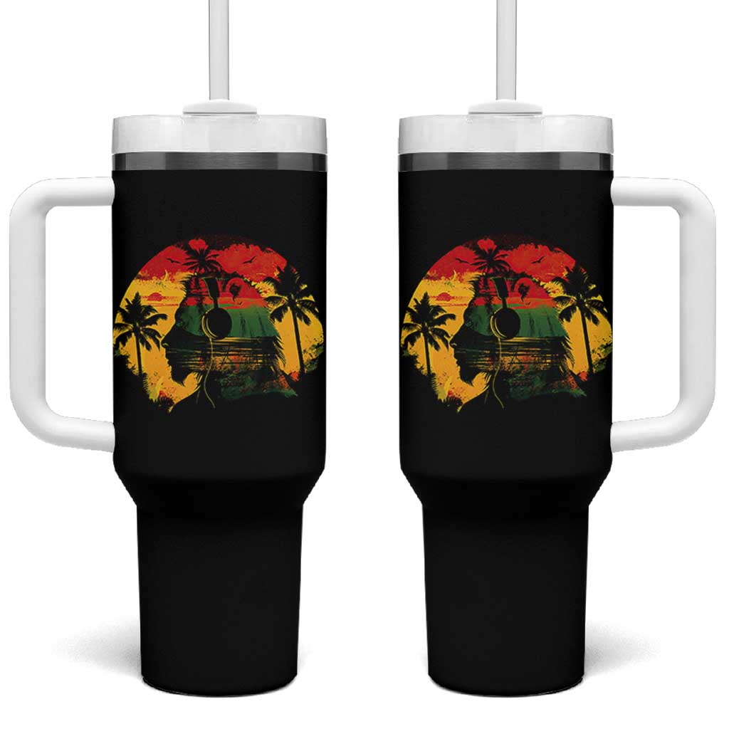 Retro Jamaican Lion Sunset Tumbler With Handle Rasta Colors Music and Island Vibes Graphic
