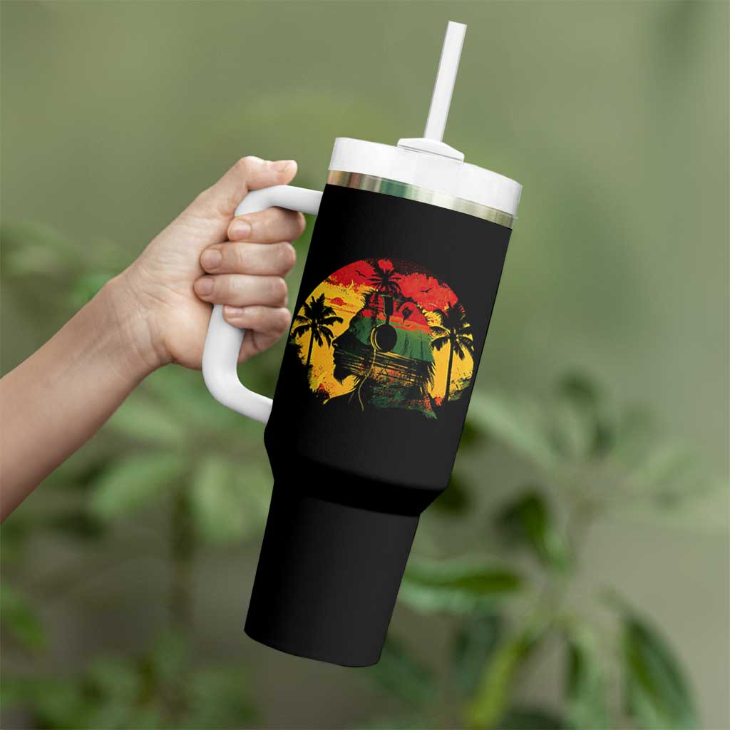 Retro Jamaican Lion Sunset Tumbler With Handle Rasta Colors Music and Island Vibes Graphic