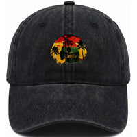 Retro Jamaican Lion Sunset Washed Cotton Baseball Cap Rasta Colors Music and Island Vibes Graphic