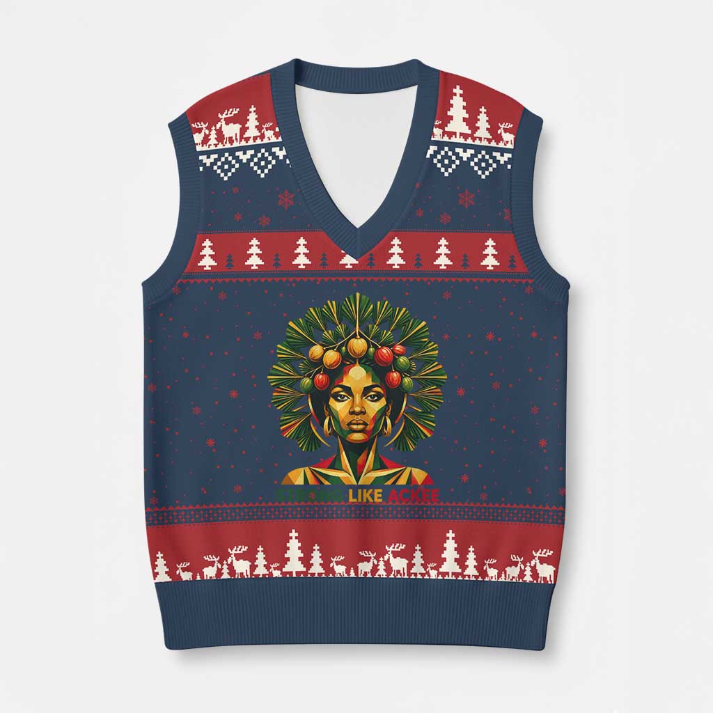 Strong Like Ackee Empowered Woman V-Neck Knit Sweater Vest Jamaican National Fruit Heritage Pride
