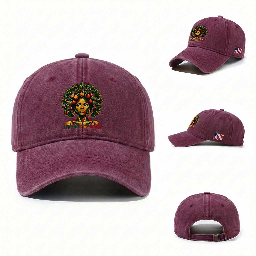 Strong Like Ackee Empowered Woman Washed Cotton Baseball Cap Jamaican National Fruit Heritage Pride