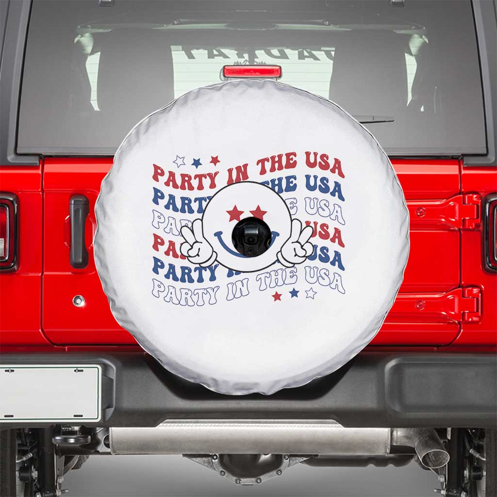 Funny 4th Of July Spare Tire Cover Party In The USA Smiling Face Retro Groovy