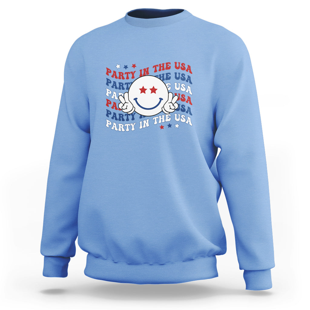 Funny 4th Of July Sweatshirt Party In The USA Smiling Face Retro Groovy - Wonder Print Shop