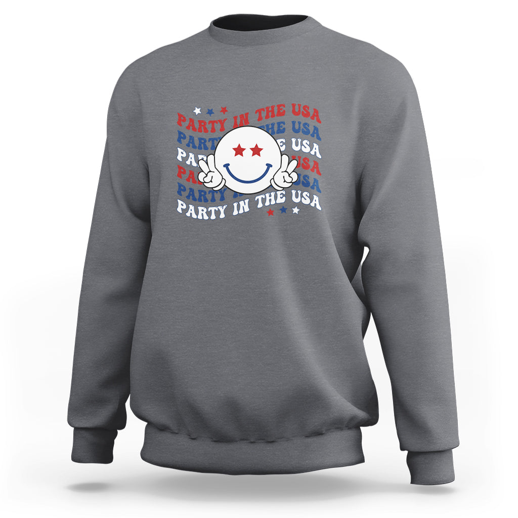 Funny 4th Of July Sweatshirt Party In The USA Smiling Face Retro Groovy - Wonder Print Shop