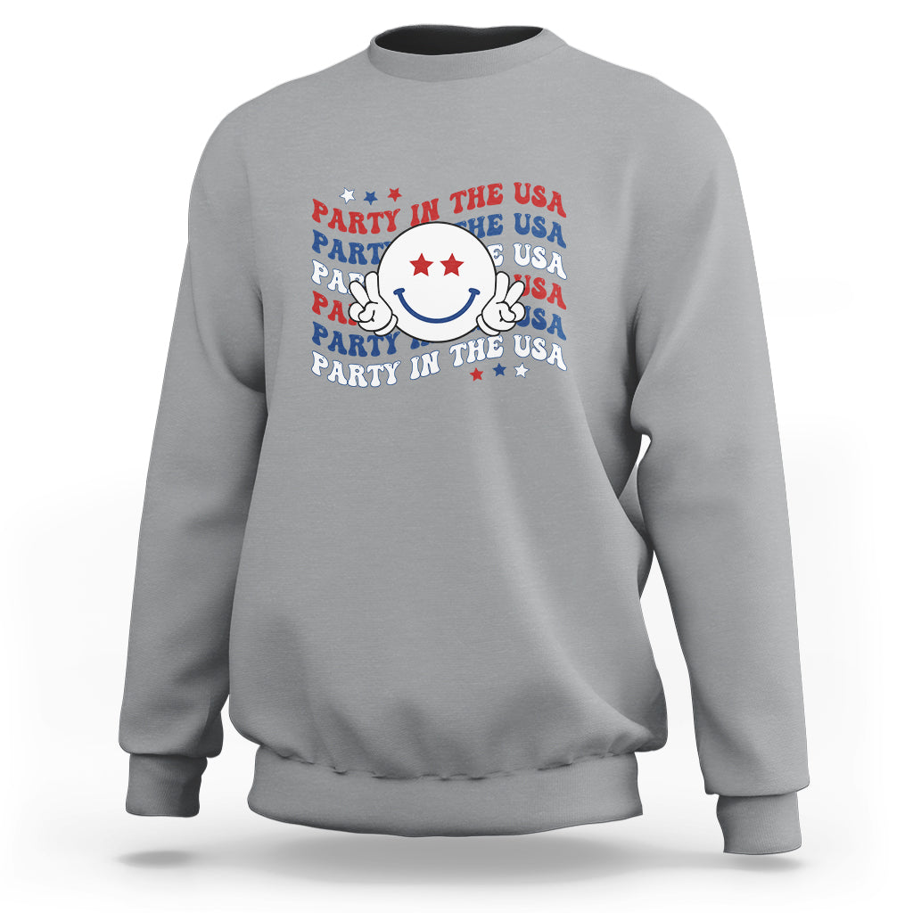 Funny 4th Of July Sweatshirt Party In The USA Smiling Face Retro Groovy - Wonder Print Shop