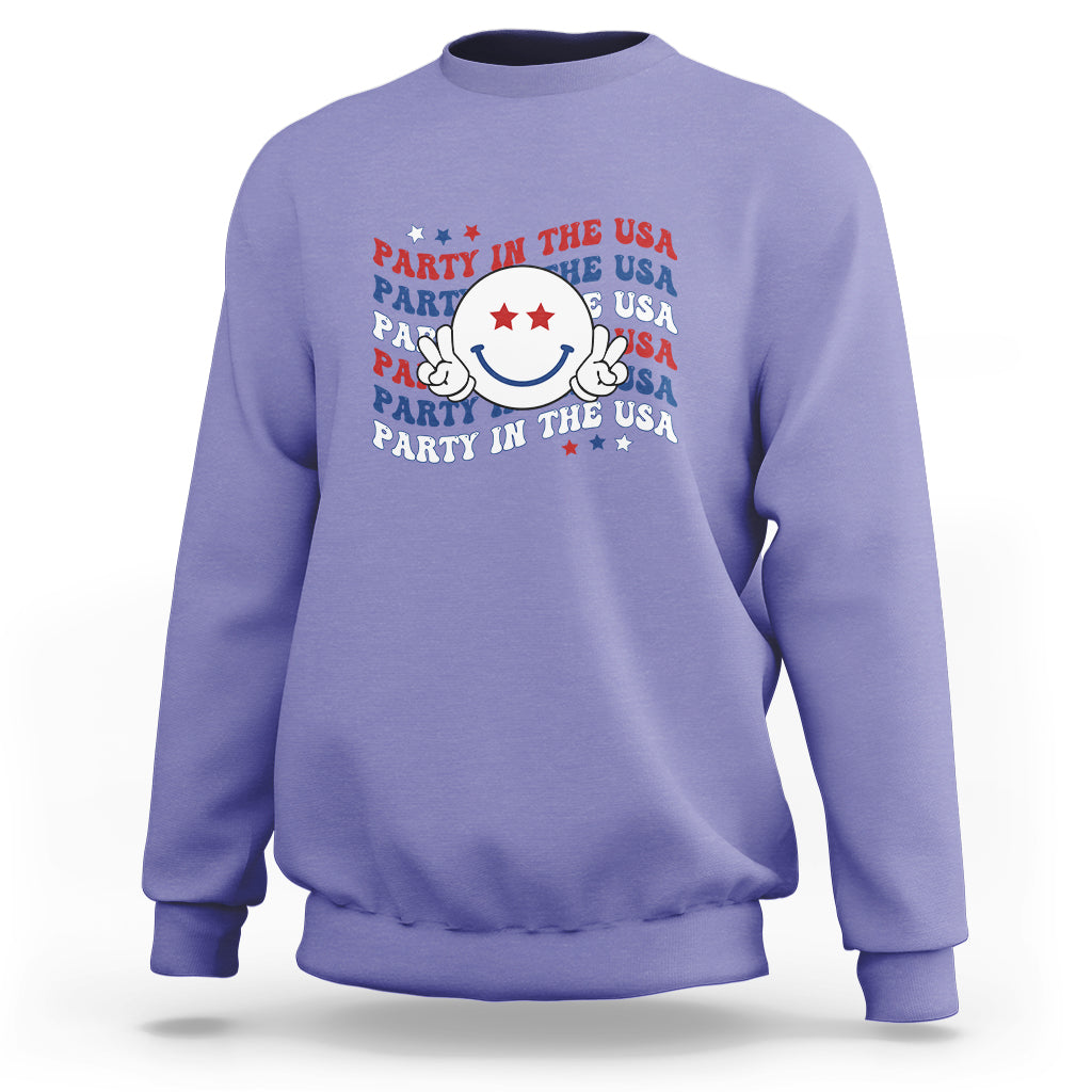 Funny 4th Of July Sweatshirt Party In The USA Smiling Face Retro Groovy - Wonder Print Shop