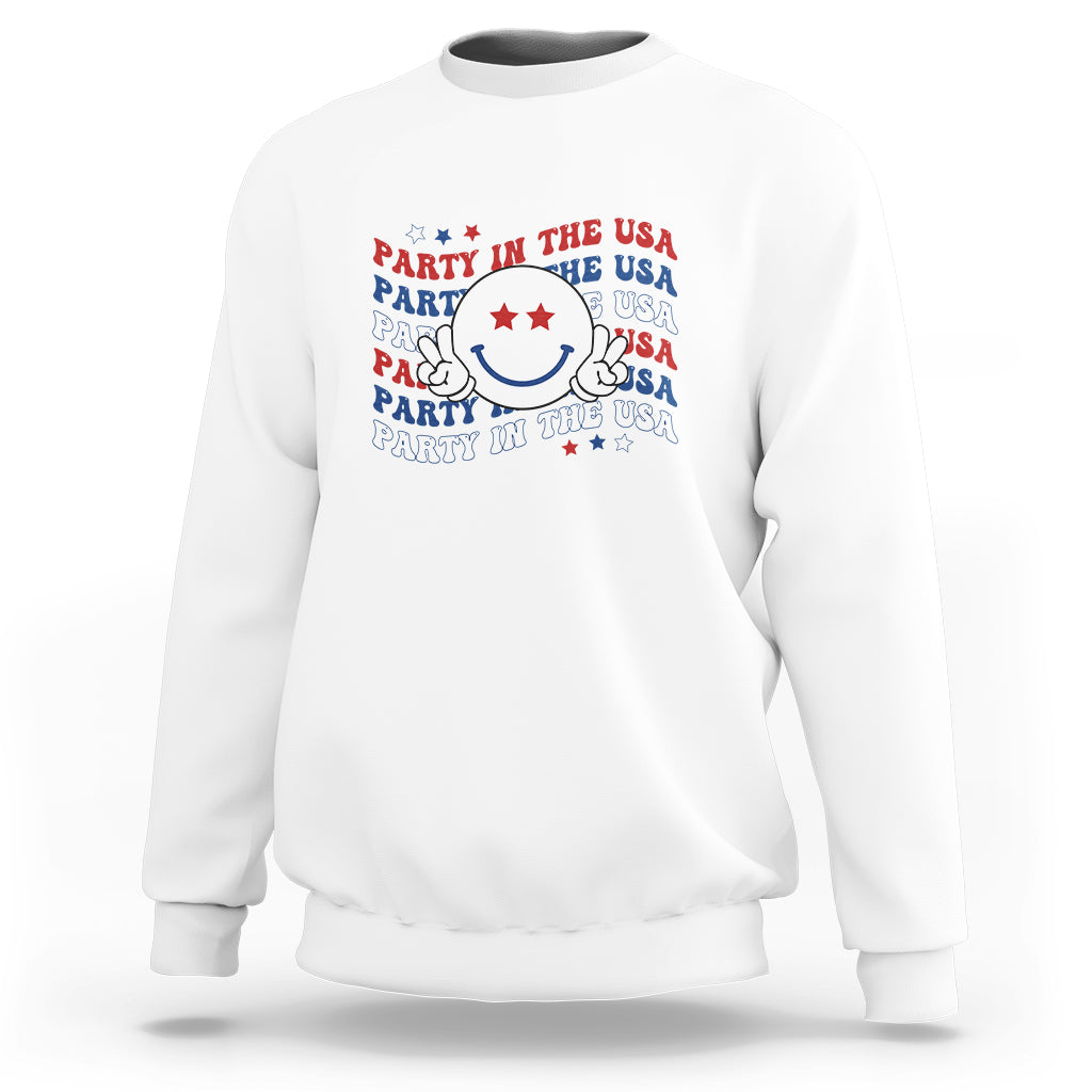 Funny 4th Of July Sweatshirt Party In The USA Smiling Face Retro Groovy - Wonder Print Shop
