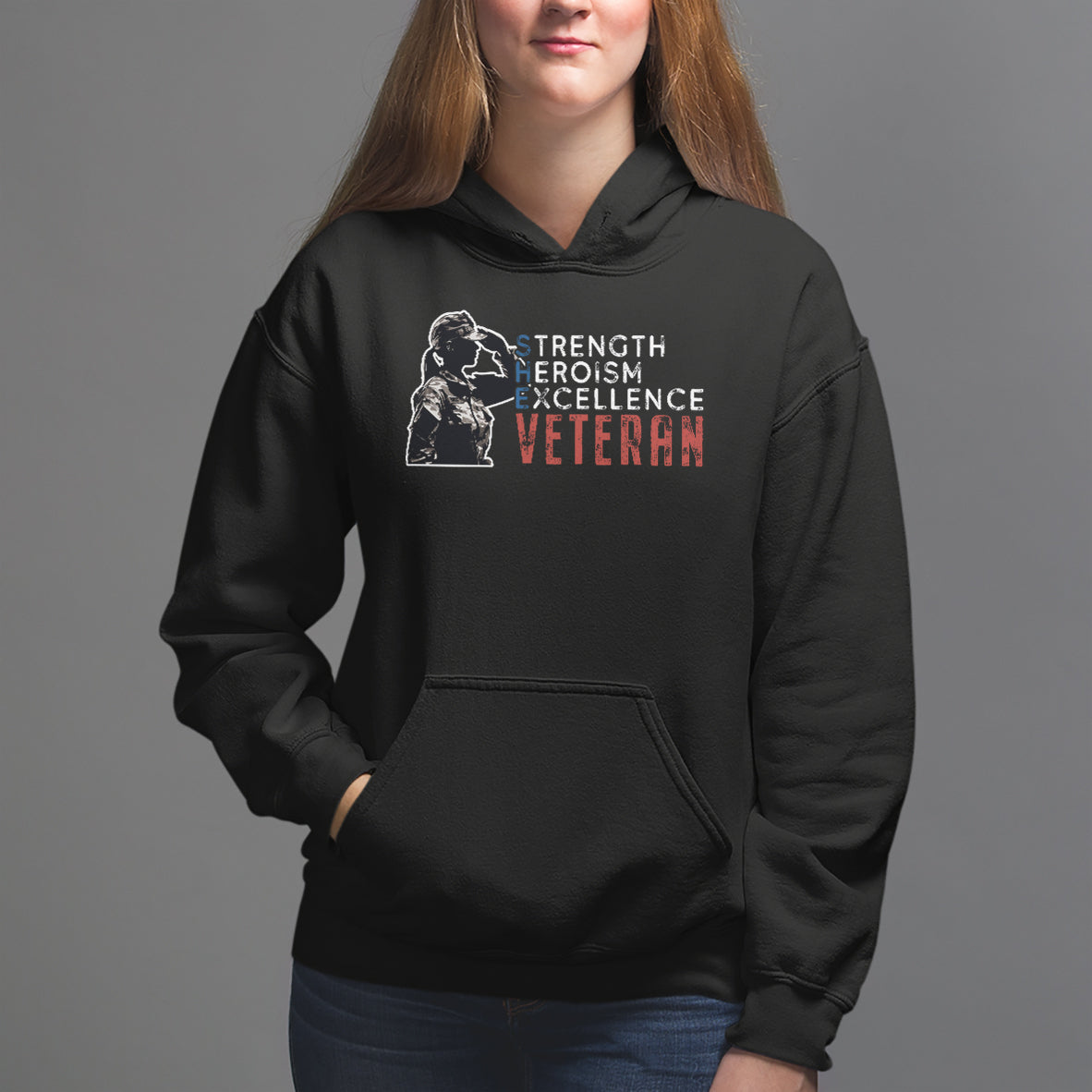 Female Veteran Hoodie Strength Heroism Excellence Women - Wonder Print Shop