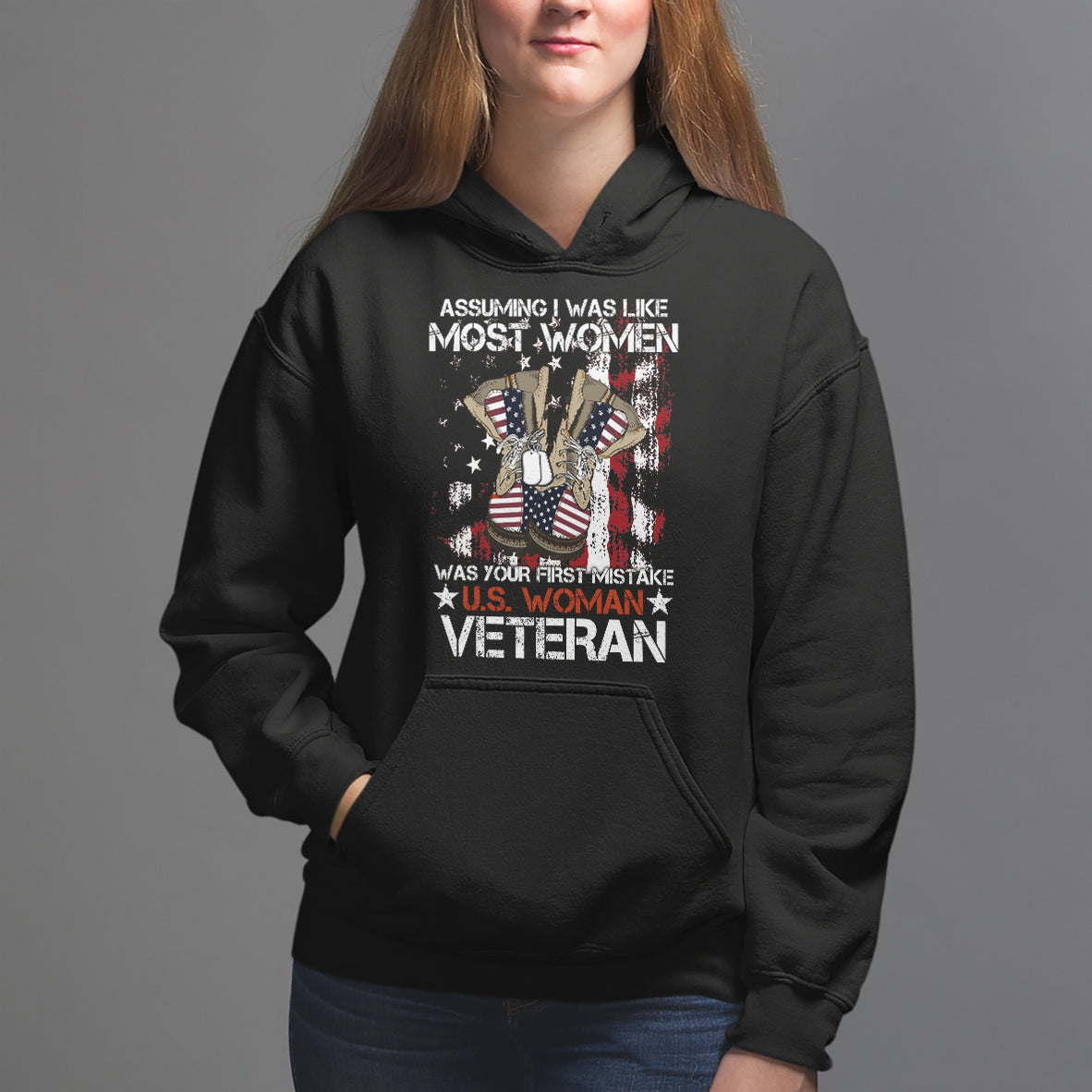 Female Veteran Hoodie Assuming I Was Like Most Women Was Your First Mistake American Flag Dog Tags And Combat Boots - Wonder Print Shop