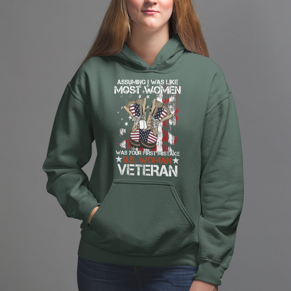 Female Veteran Hoodie Assuming I Was Like Most Women Was Your First Mistake American Flag Dog Tags And Combat Boots - Wonder Print Shop