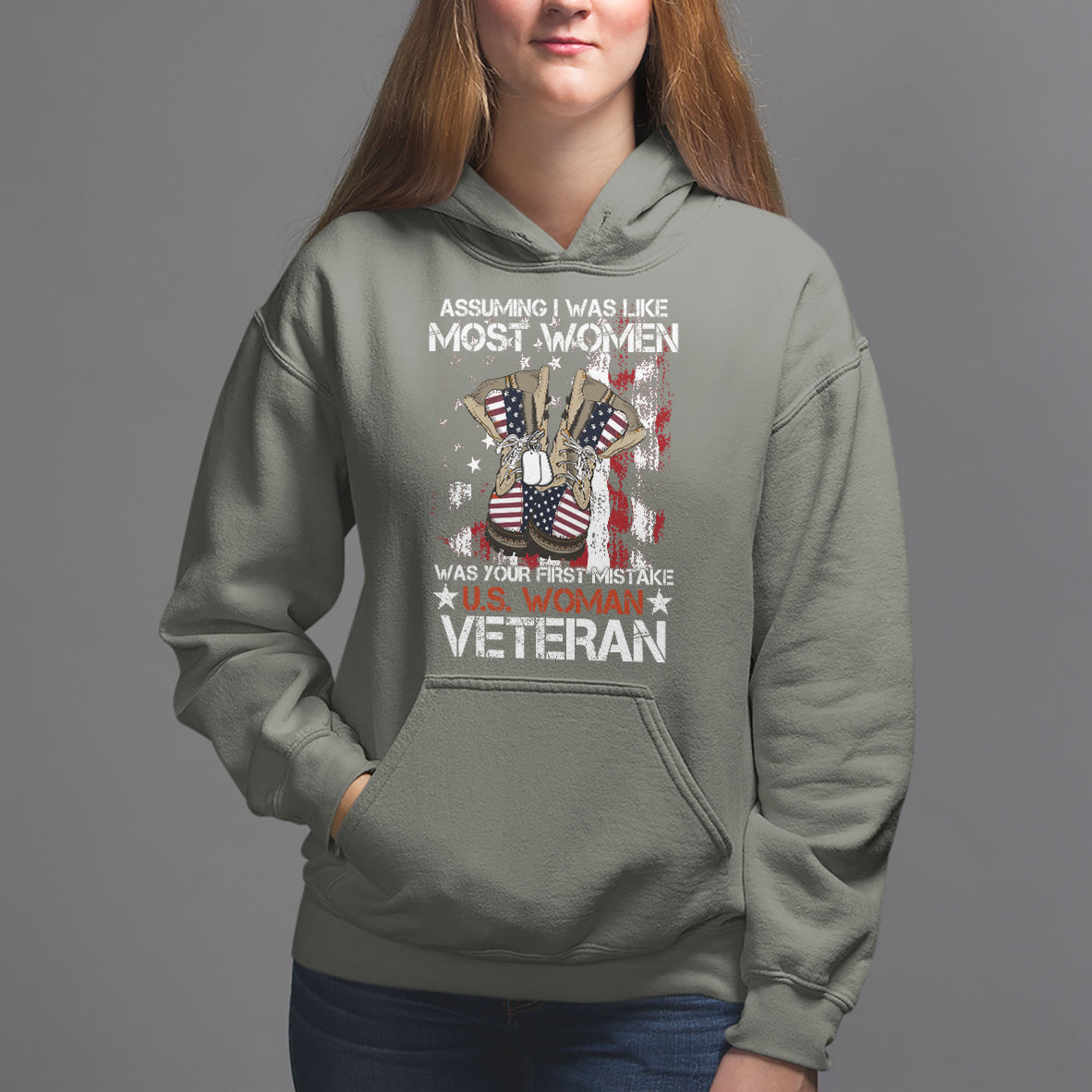 Female Veteran Hoodie Assuming I Was Like Most Women Was Your First Mistake American Flag Dog Tags And Combat Boots - Wonder Print Shop