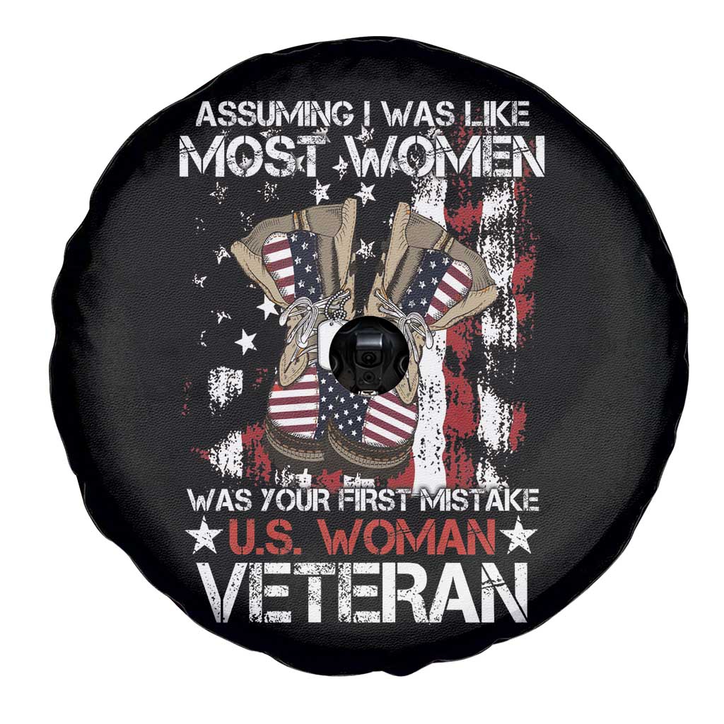 Female Veteran Spare Tire Cover Assuming I Was Like Most Women Was Your First Mistake American Flag Dog Tags And Combat Boots