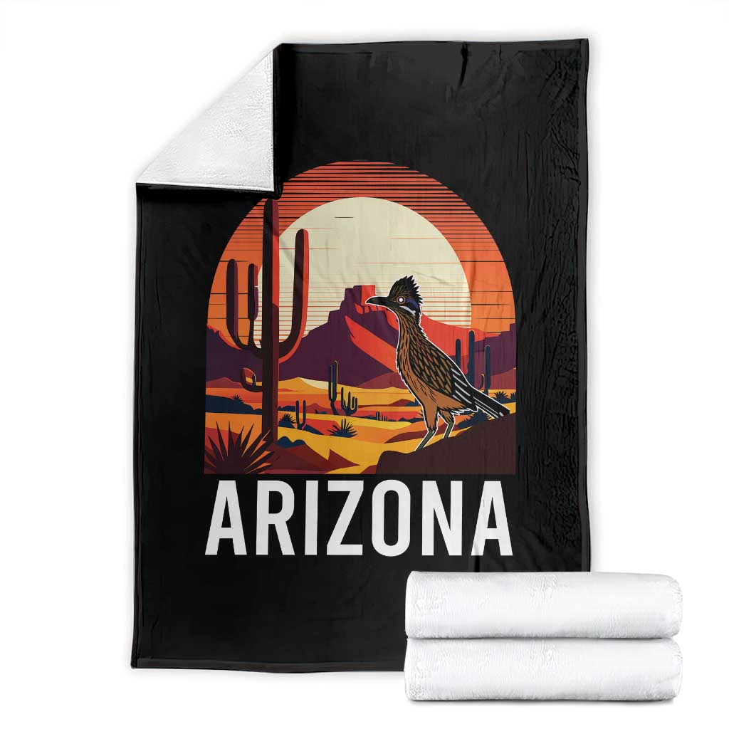 Retro Arizona Roadrunner Desert Sunset Graphic Throw Blanket Southwest Saguaro Cactus Wildlife Travel Souvenir