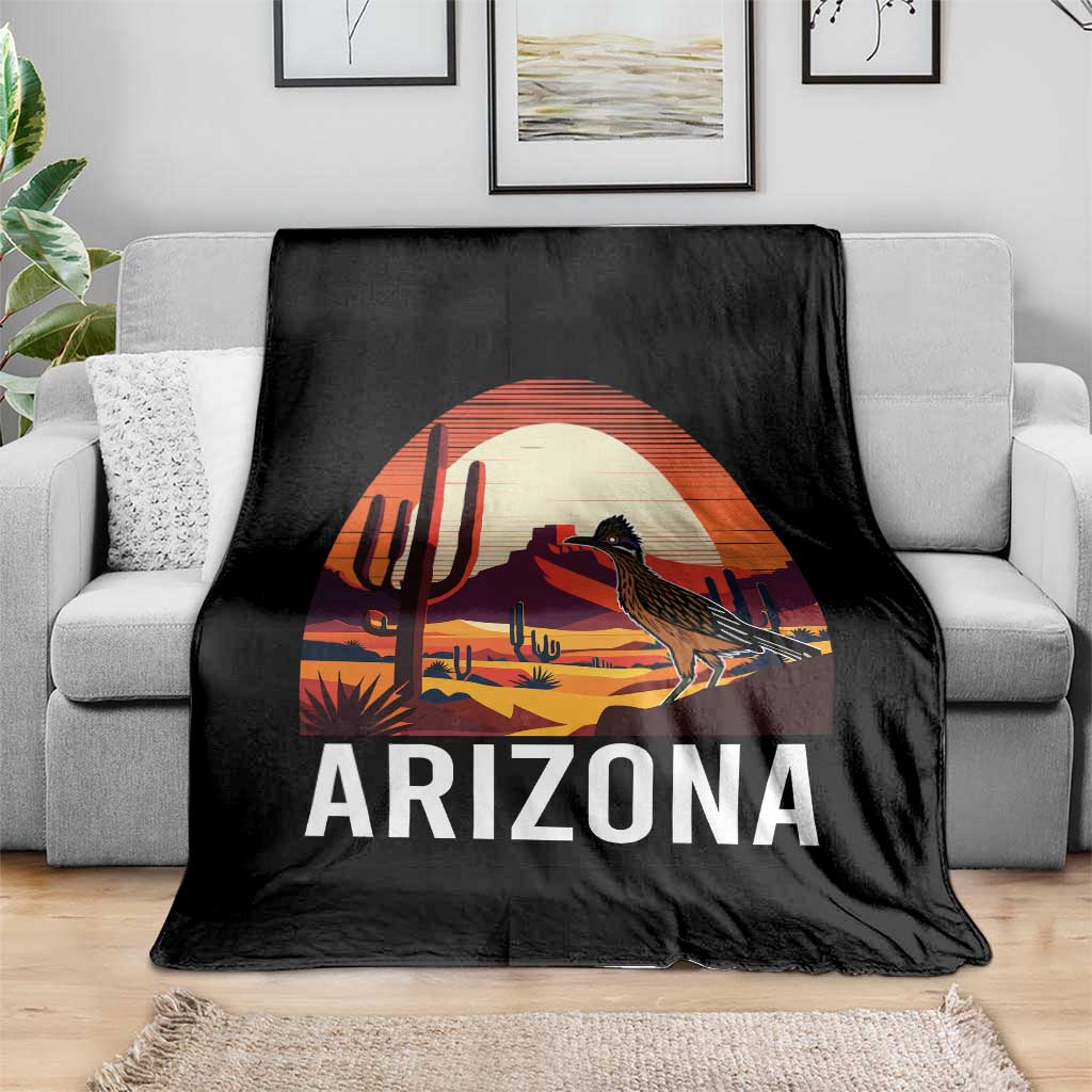 Retro Arizona Roadrunner Desert Sunset Graphic Throw Blanket Southwest Saguaro Cactus Wildlife Travel Souvenir