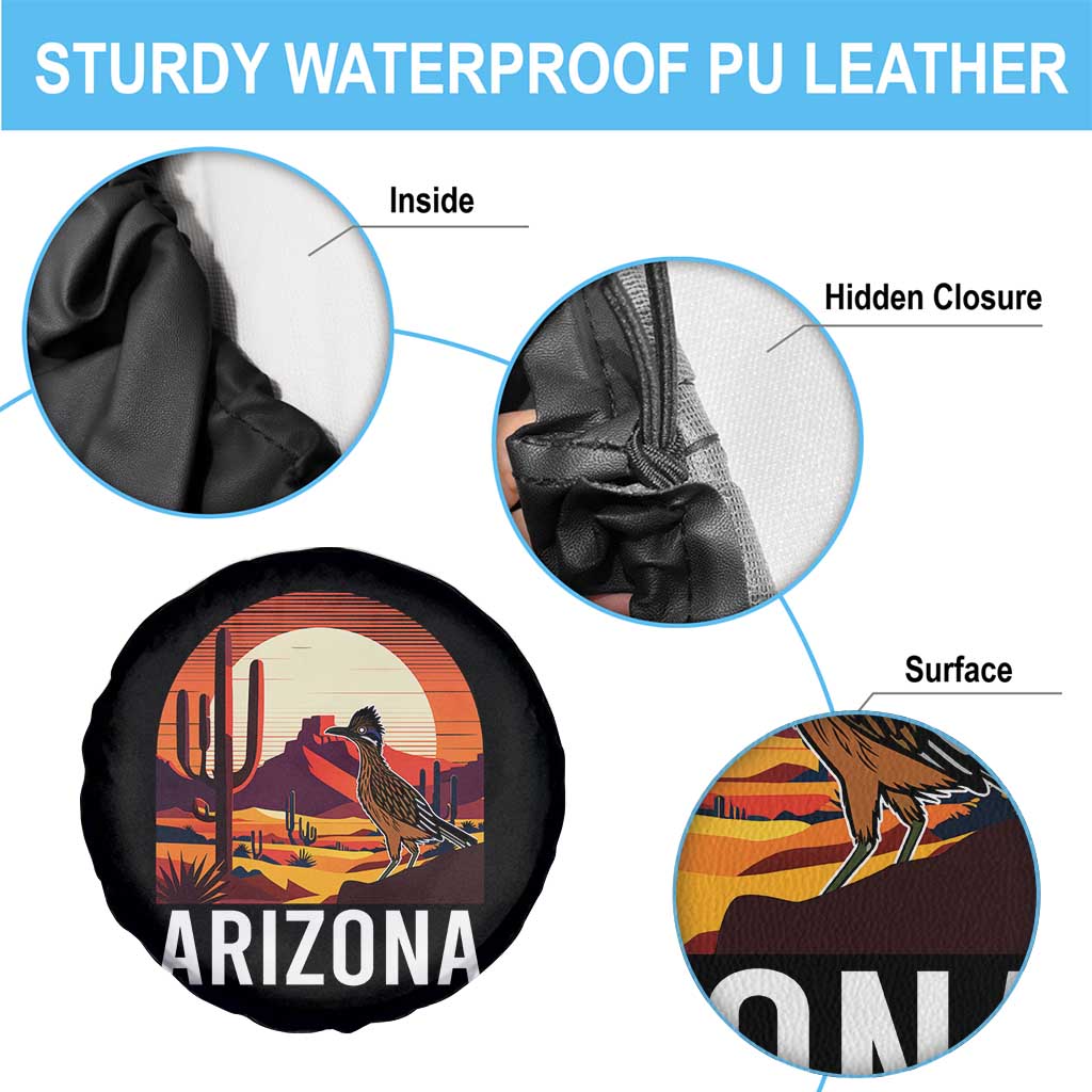 Retro Arizona Roadrunner Desert Sunset Graphic Spare Tire Cover Southwest Saguaro Cactus Wildlife Travel Souvenir