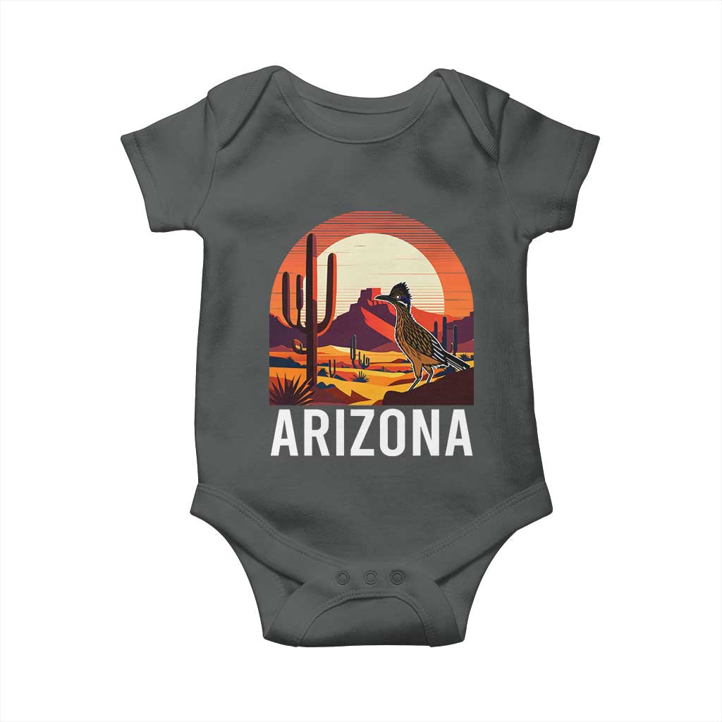 Retro Arizona Roadrunner Desert Sunset Graphic Baby Onesie Southwest Saguaro Cactus Wildlife Travel Souvenir